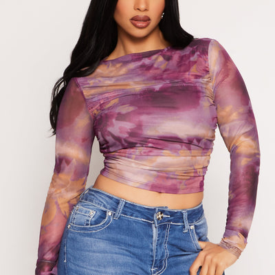 Mesh Abstract Floral Print Ruched Top