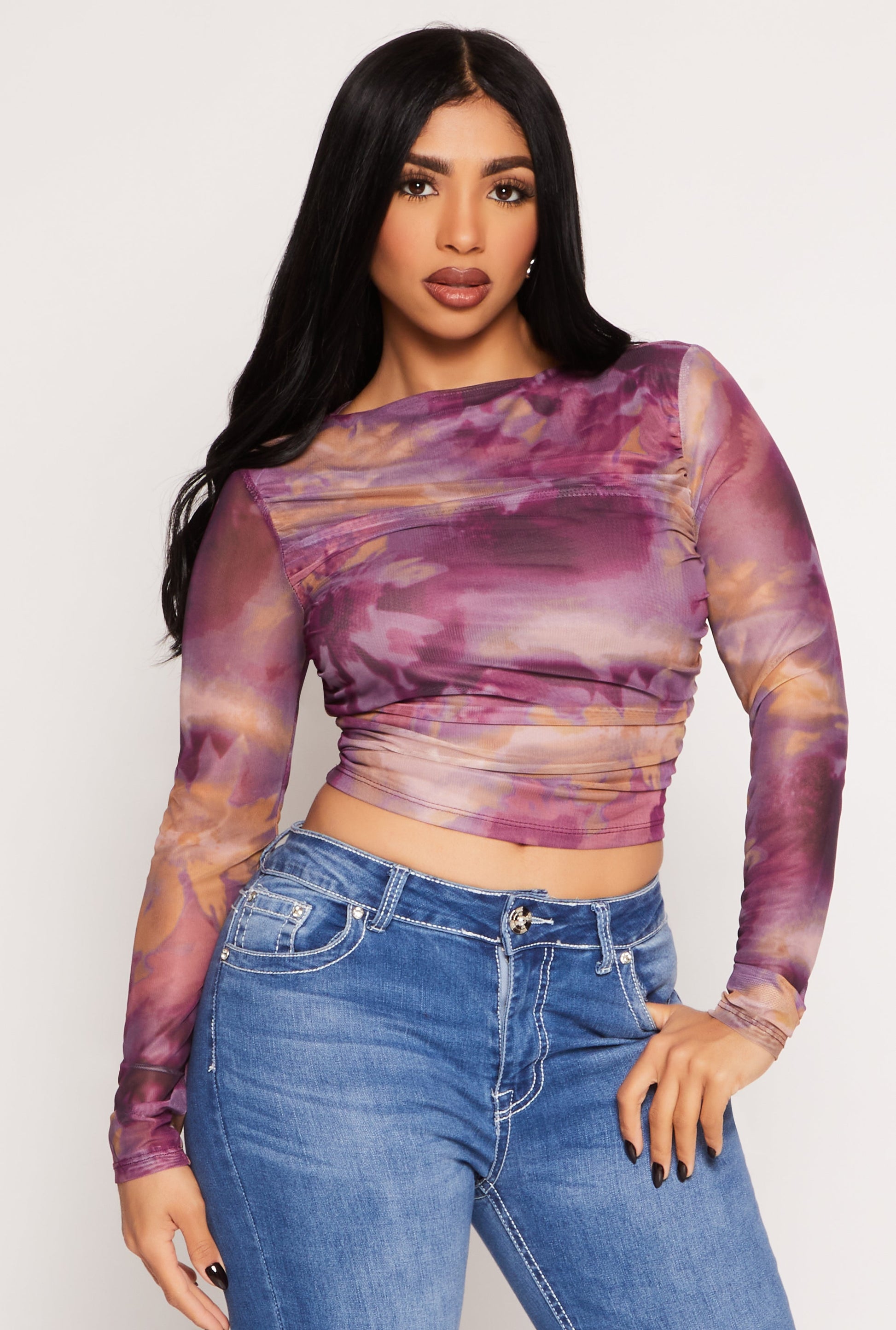 Mesh Abstract Floral Print Ruched Top