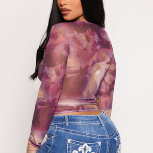 Mesh Abstract Floral Print Ruched Top