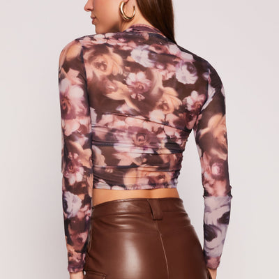 Floral Print Long Sleeve Mesh Top