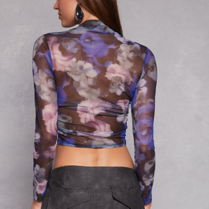 Floral Print Long Sleeve Mesh Top