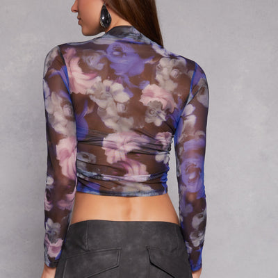 Floral Print Long Sleeve Mesh Top