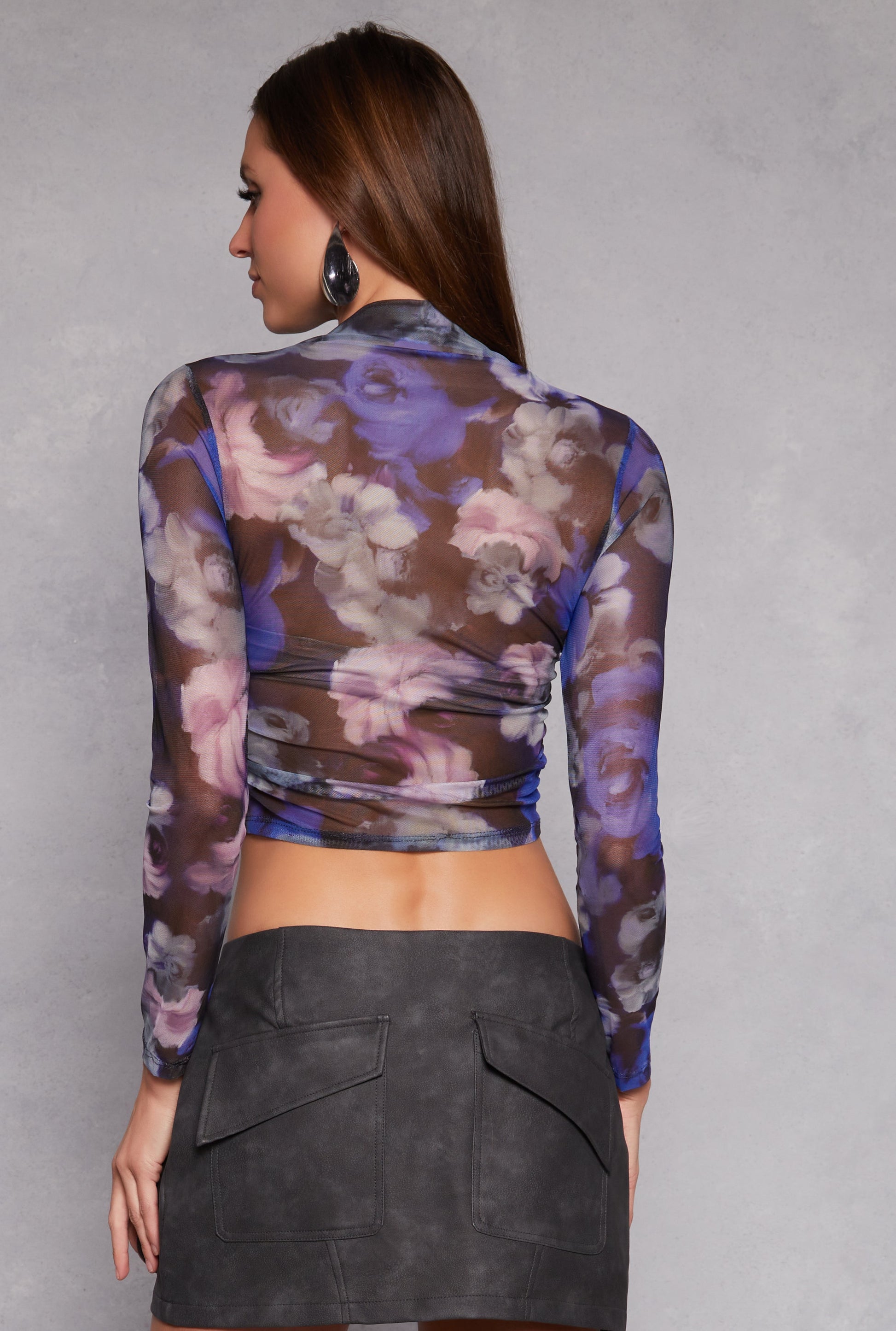 Floral Print Long Sleeve Mesh Top