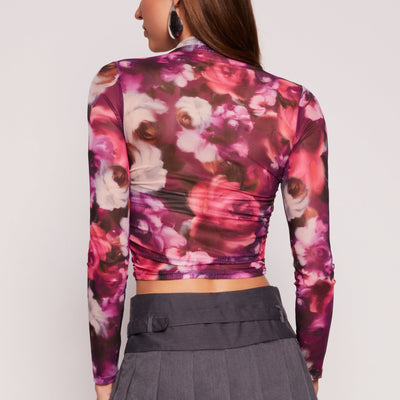 Floral Print Long Sleeve Mesh Top