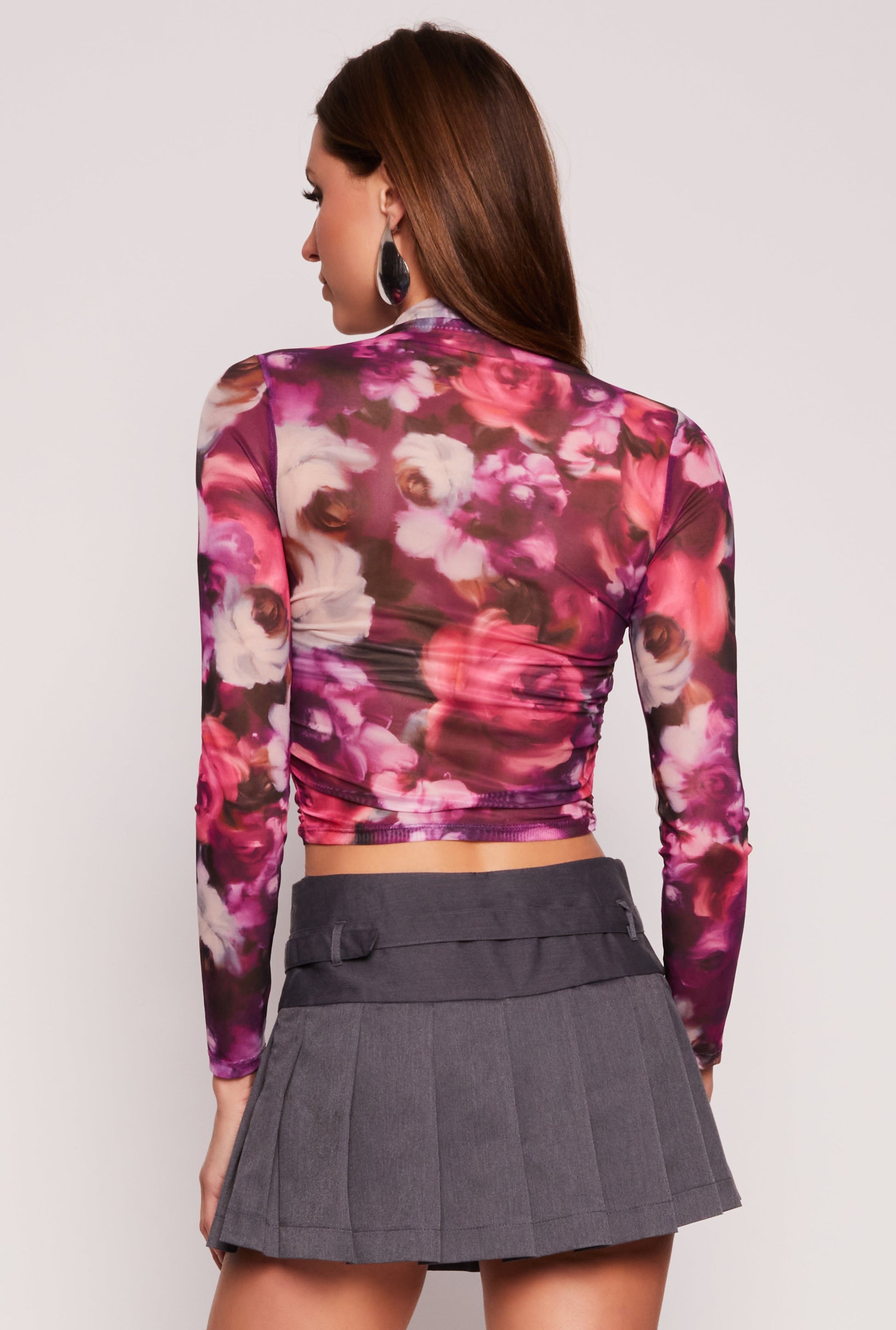 Floral Print Long Sleeve Mesh Top