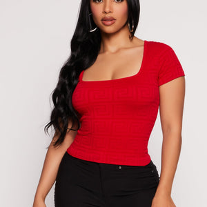 Seamless Ribbed Greek Key Short Sleeve Top