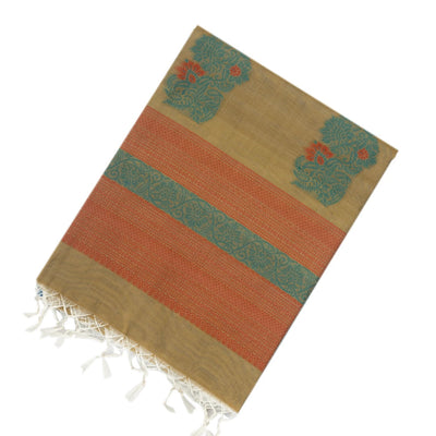 Blue Handloom Kora Silk Cotton Saree And Mustard Pallu