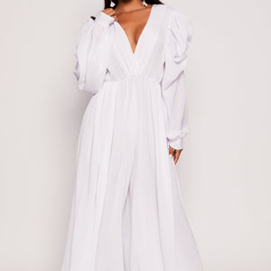 Plisse Puff Sleeve Wide Leg Jumpsuit