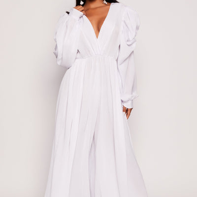 Plisse Puff Sleeve Wide Leg Jumpsuit