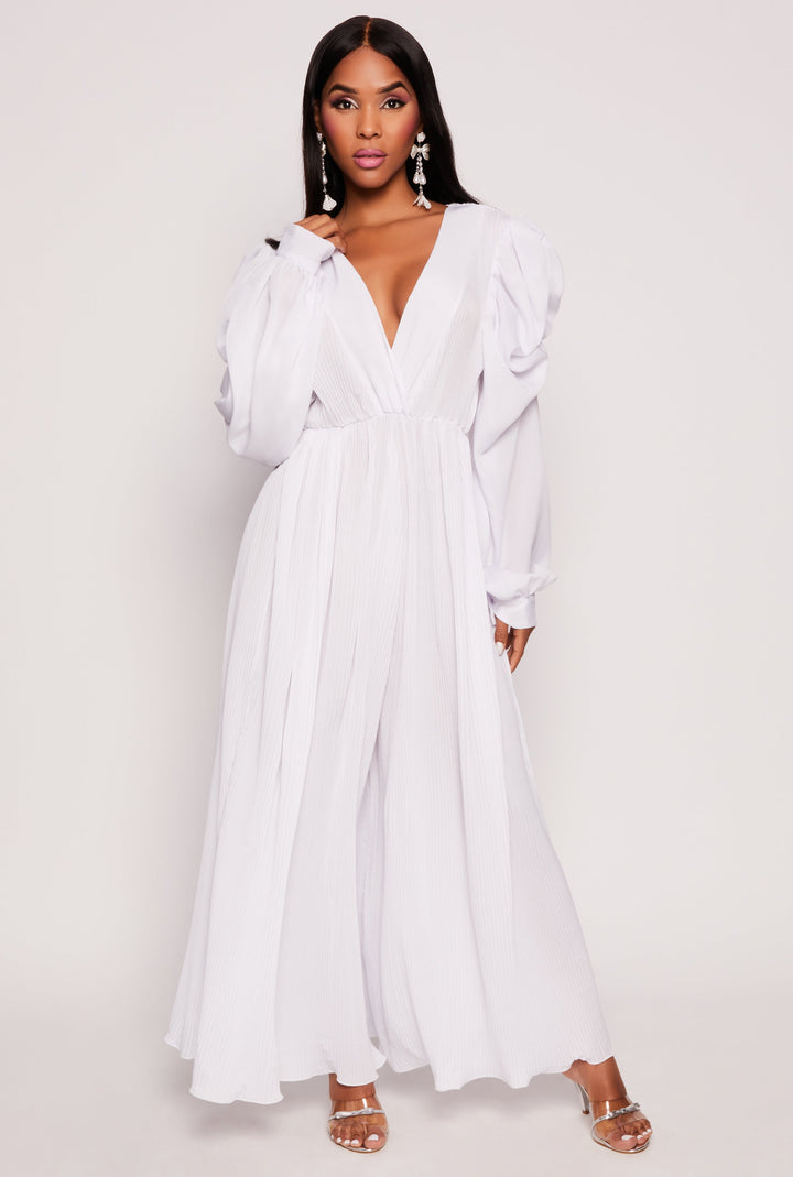 Plisse Puff Sleeve Wide Leg Jumpsuit