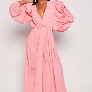 Plisse Puff Sleeve Wide Leg Jumpsuit