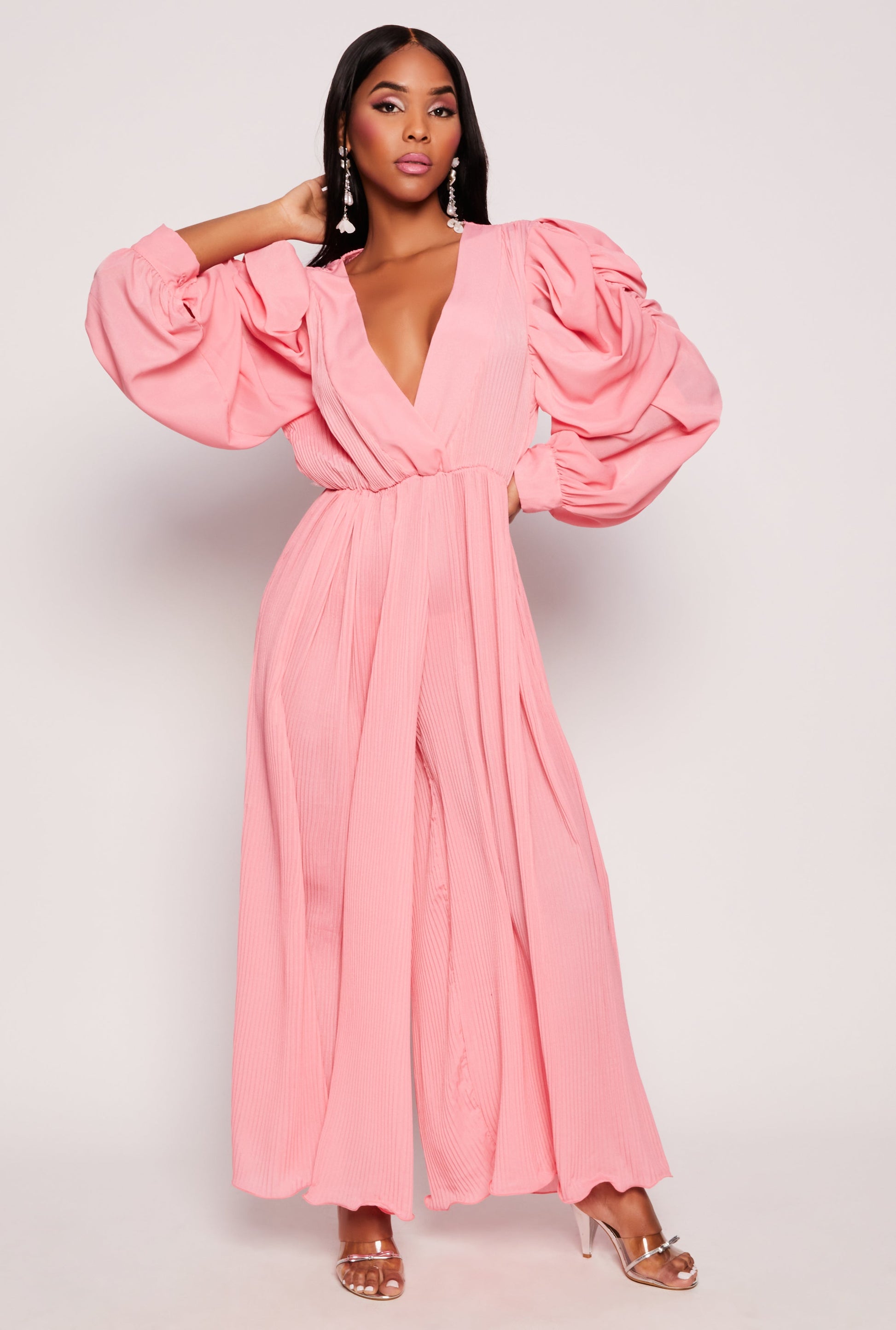 Plisse Puff Sleeve Wide Leg Jumpsuit