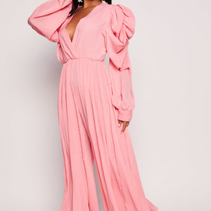 Plisse Puff Sleeve Wide Leg Jumpsuit