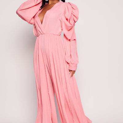 Plisse Puff Sleeve Wide Leg Jumpsuit