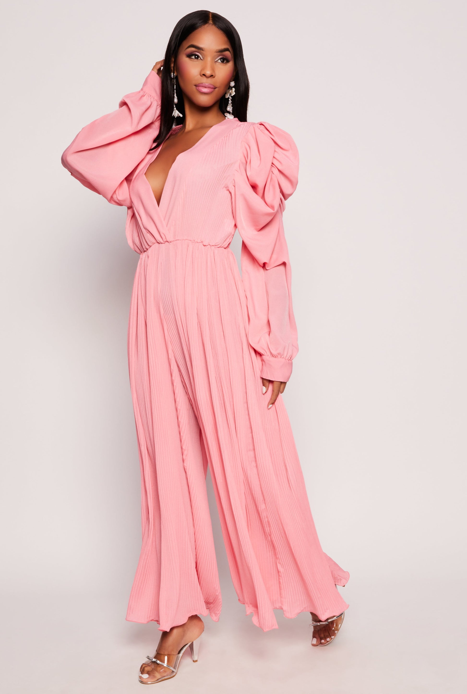 Plisse Puff Sleeve Wide Leg Jumpsuit