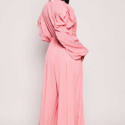 Plisse Puff Sleeve Wide Leg Jumpsuit