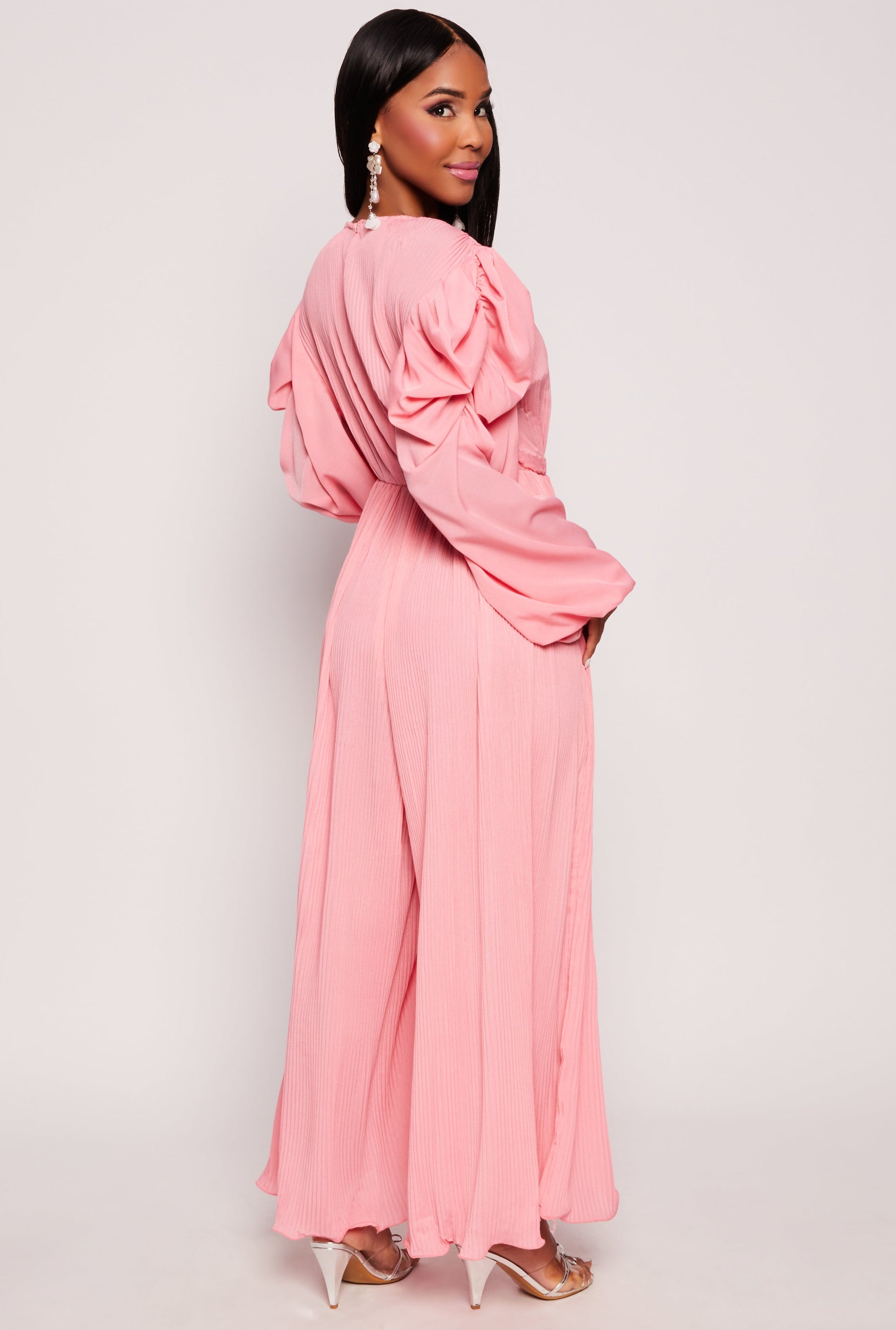 Plisse Puff Sleeve Wide Leg Jumpsuit