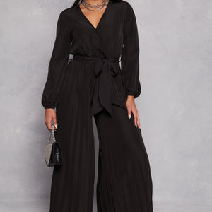Pleated Wide Leg Faux Wrap Jumpsuit