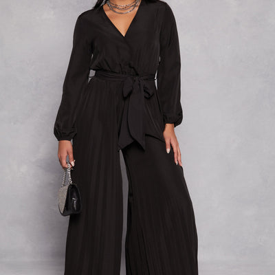 Pleated Wide Leg Faux Wrap Jumpsuit