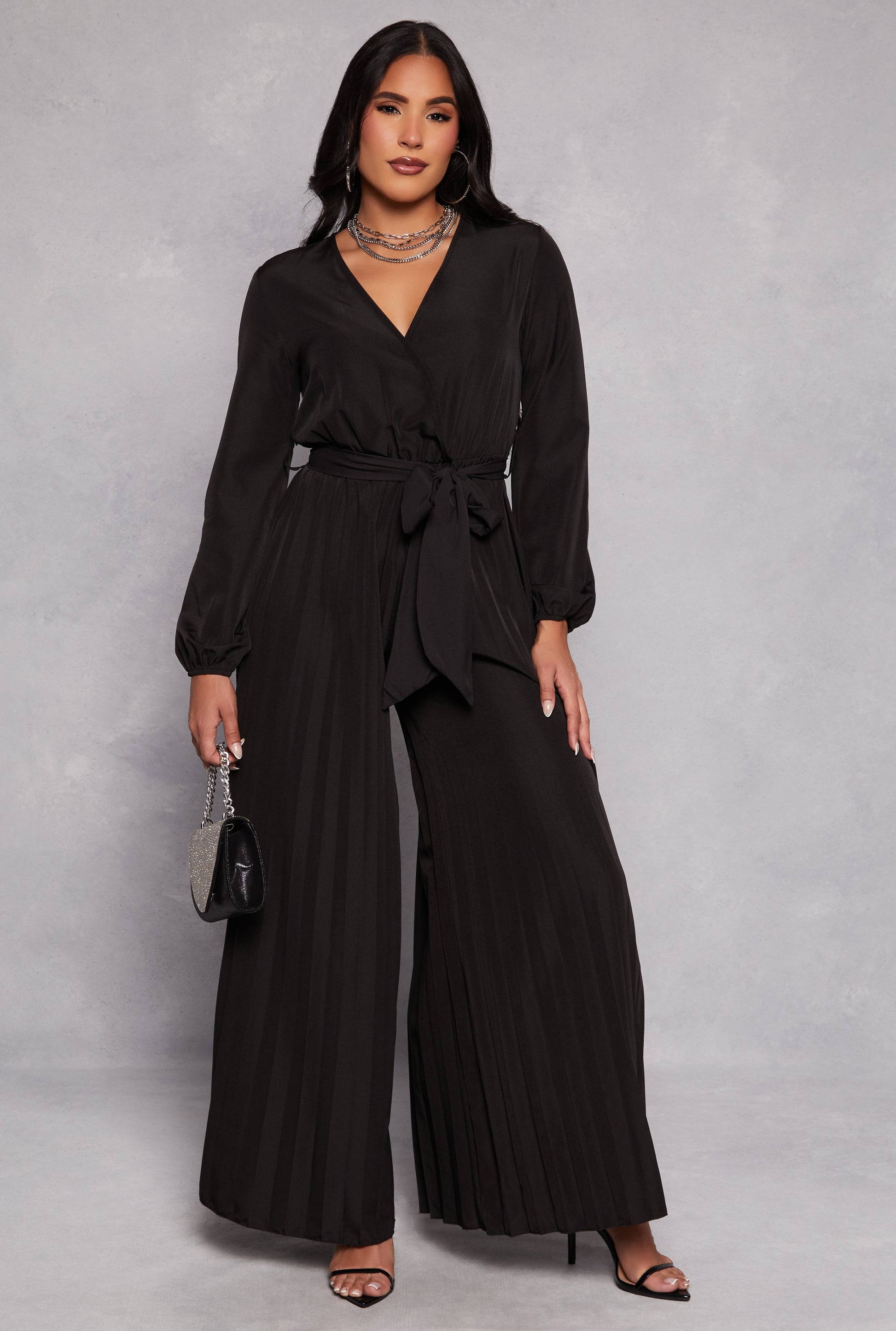 Pleated Wide Leg Faux Wrap Jumpsuit