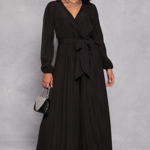 Pleated Wide Leg Faux Wrap Jumpsuit