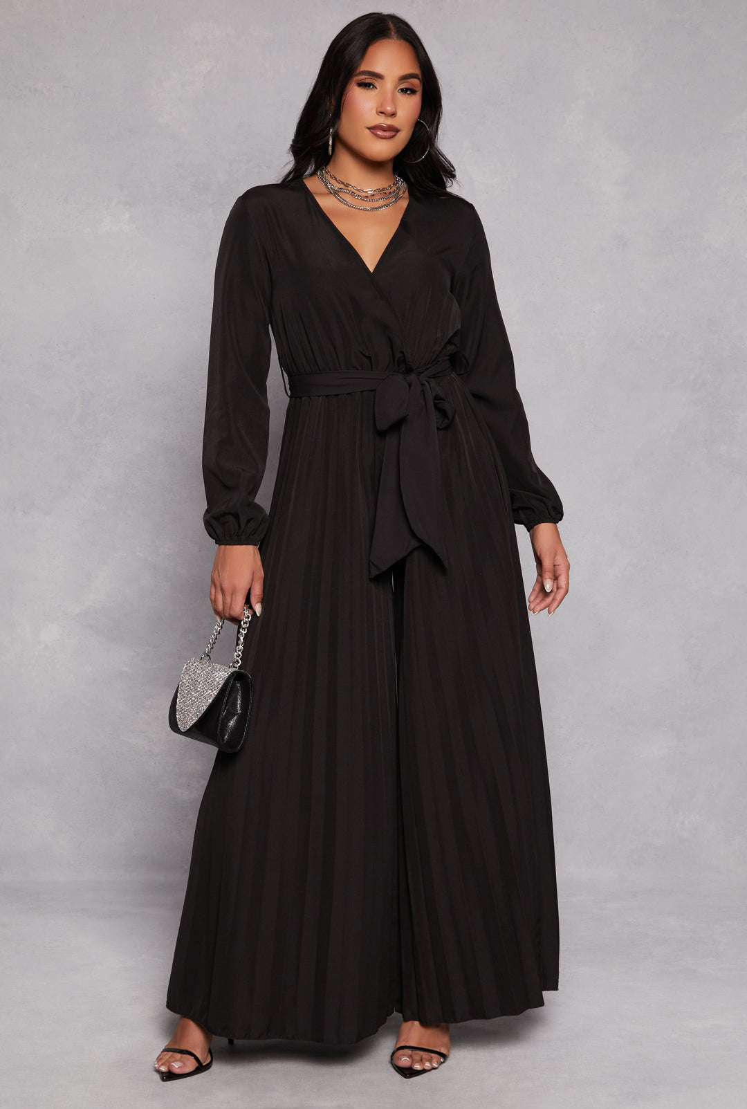 Pleated Wide Leg Faux Wrap Jumpsuit