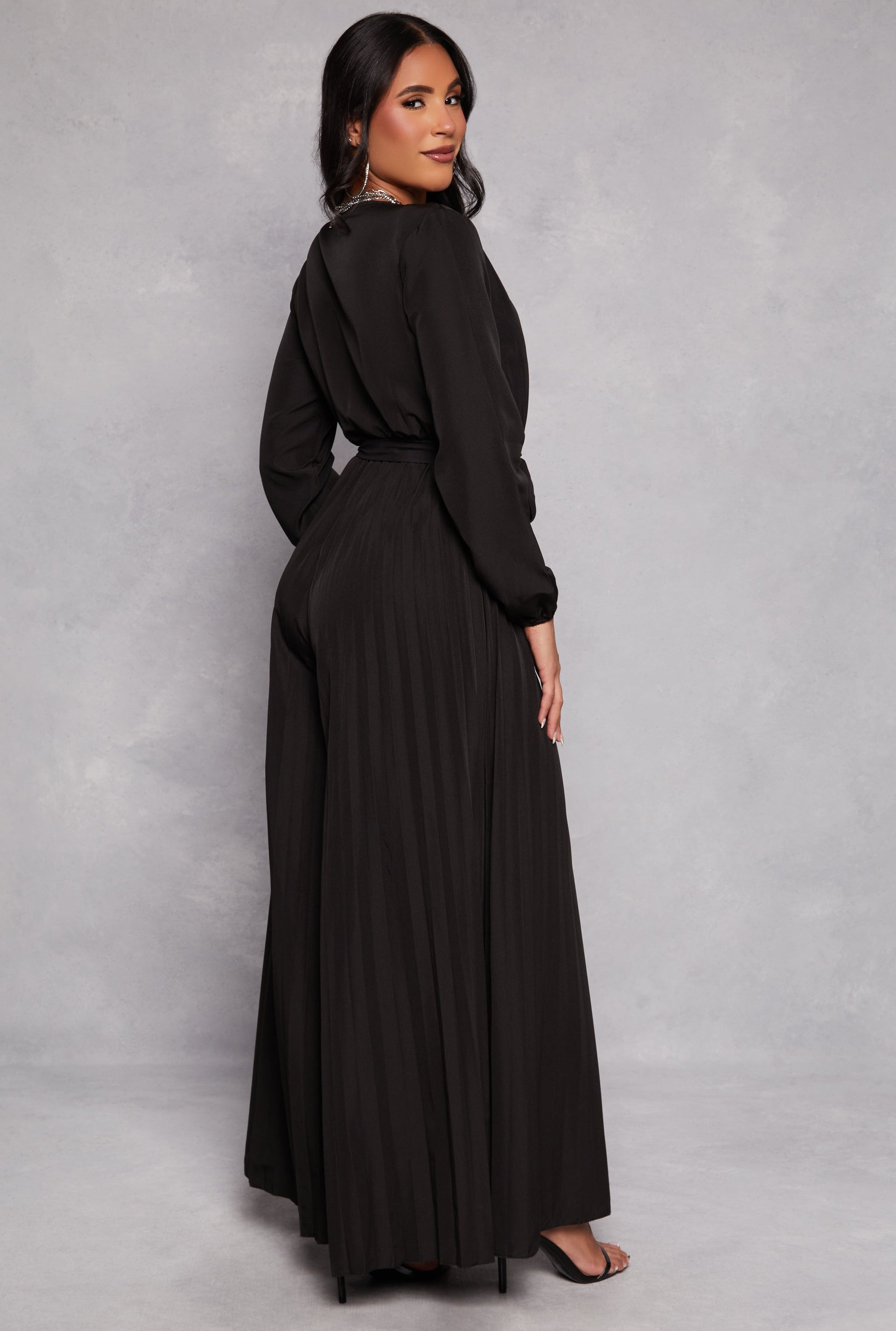 Pleated Wide Leg Faux Wrap Jumpsuit