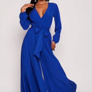 Pleated Wide Leg Faux Wrap Jumpsuit