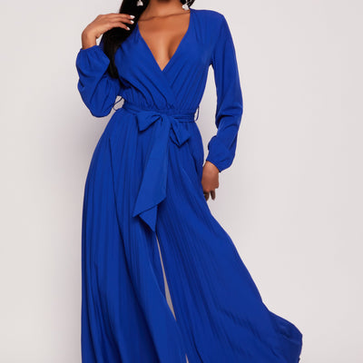 Pleated Wide Leg Faux Wrap Jumpsuit