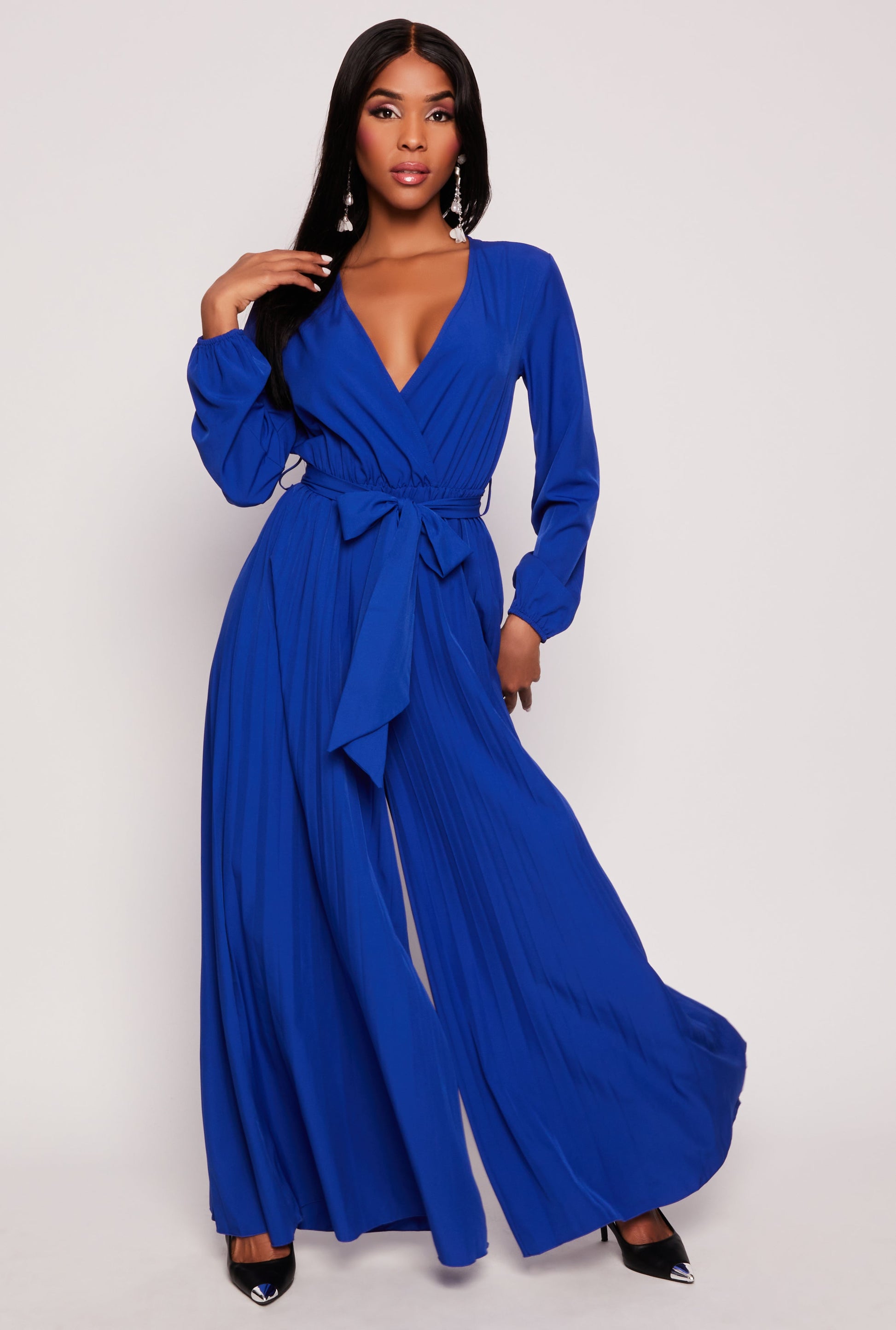 Pleated Wide Leg Faux Wrap Jumpsuit