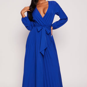 Pleated Wide Leg Faux Wrap Jumpsuit