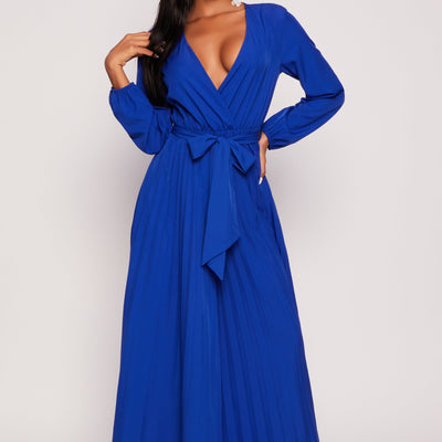 Pleated Wide Leg Faux Wrap Jumpsuit