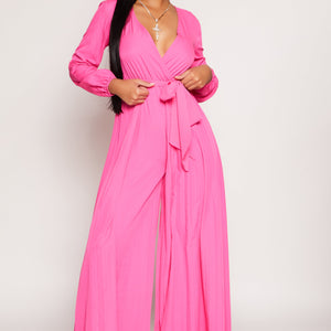 Pleated Wide Leg Faux Wrap Jumpsuit