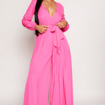 Pleated Wide Leg Faux Wrap Jumpsuit