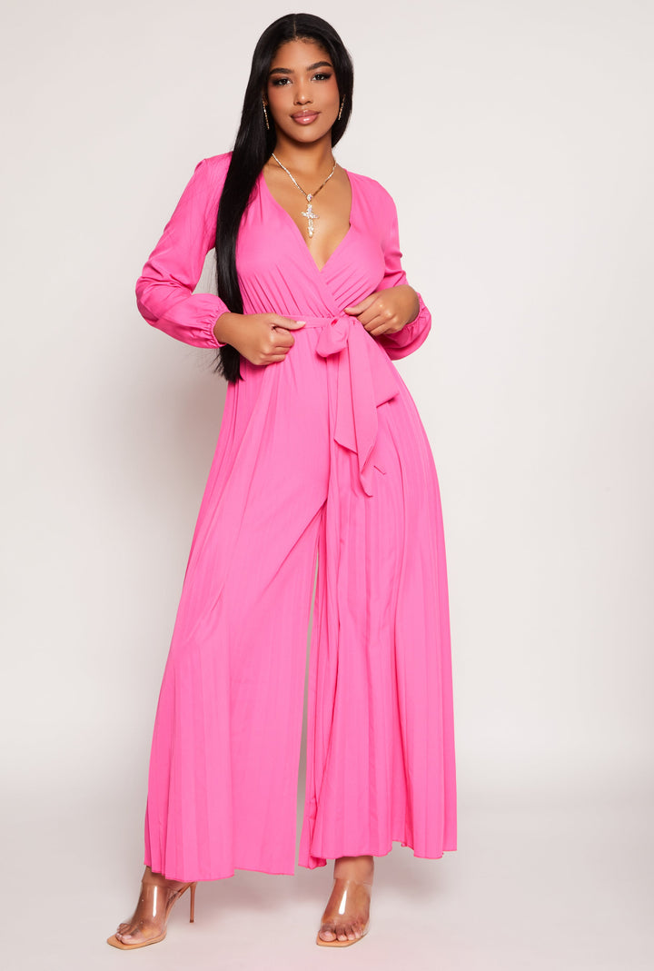 Pleated Wide Leg Faux Wrap Jumpsuit