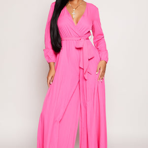 Pleated Wide Leg Faux Wrap Jumpsuit