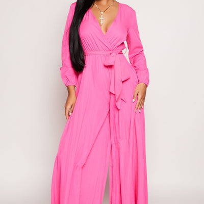 Pleated Wide Leg Faux Wrap Jumpsuit