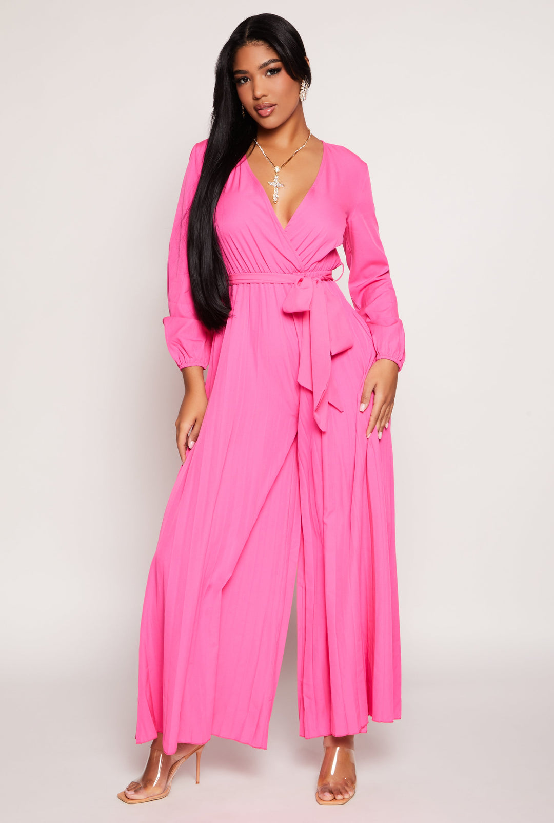 Pleated Wide Leg Faux Wrap Jumpsuit