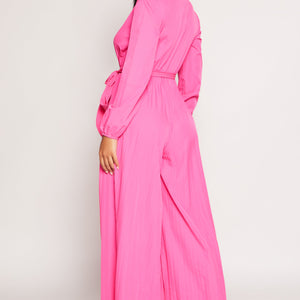 Pleated Wide Leg Faux Wrap Jumpsuit