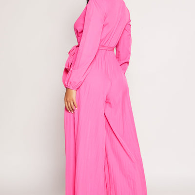 Pleated Wide Leg Faux Wrap Jumpsuit