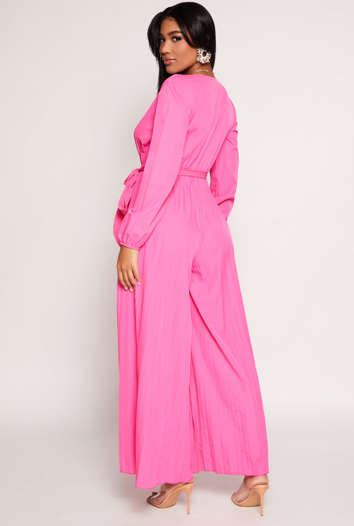 Pleated Wide Leg Faux Wrap Jumpsuit