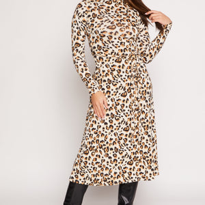 Leopard Print Tie Waist Belted Midi Dress