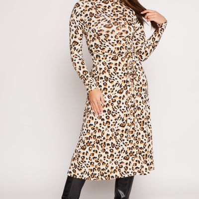 Leopard Print Tie Waist Belted Midi Dress