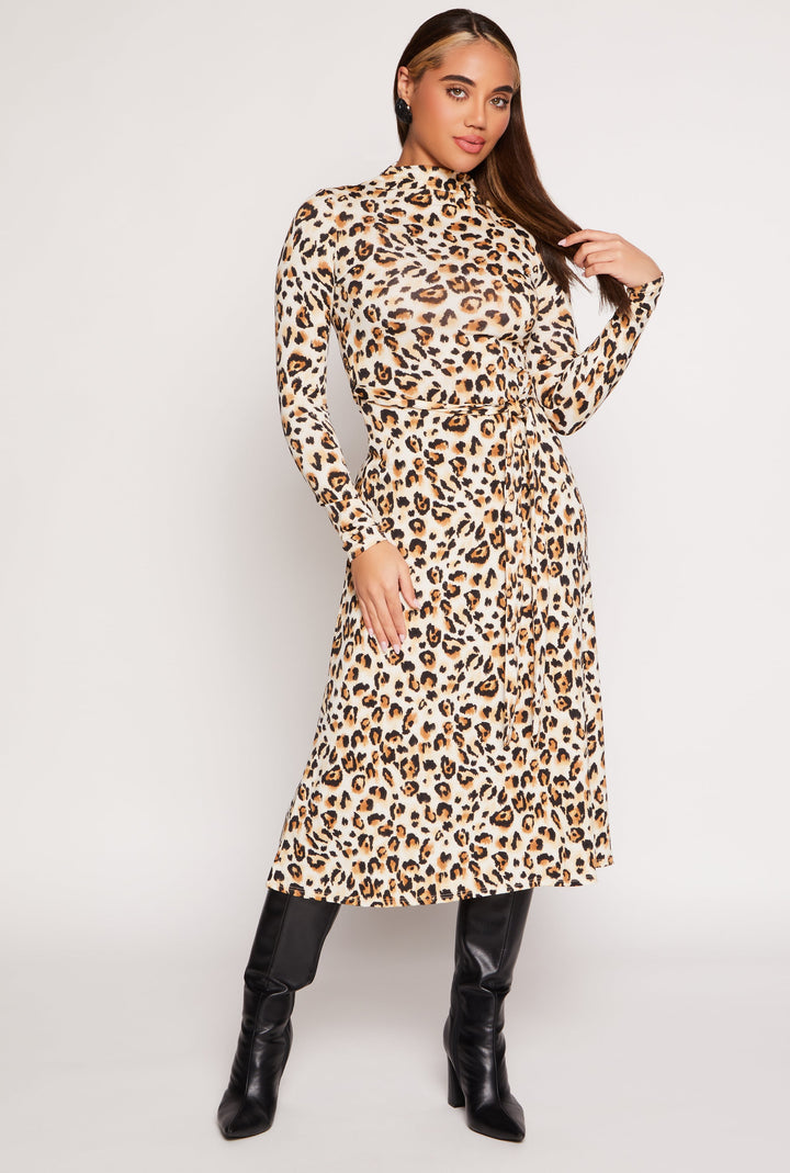 Leopard Print Tie Waist Belted Midi Dress