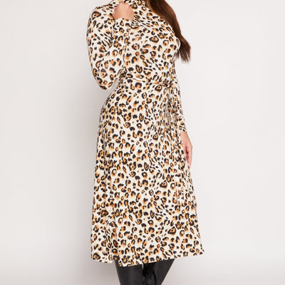 Leopard Print Tie Waist Belted Midi Dress