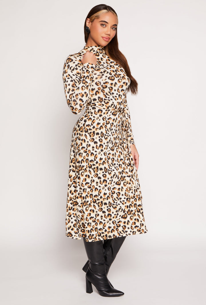 Leopard Print Tie Waist Belted Midi Dress