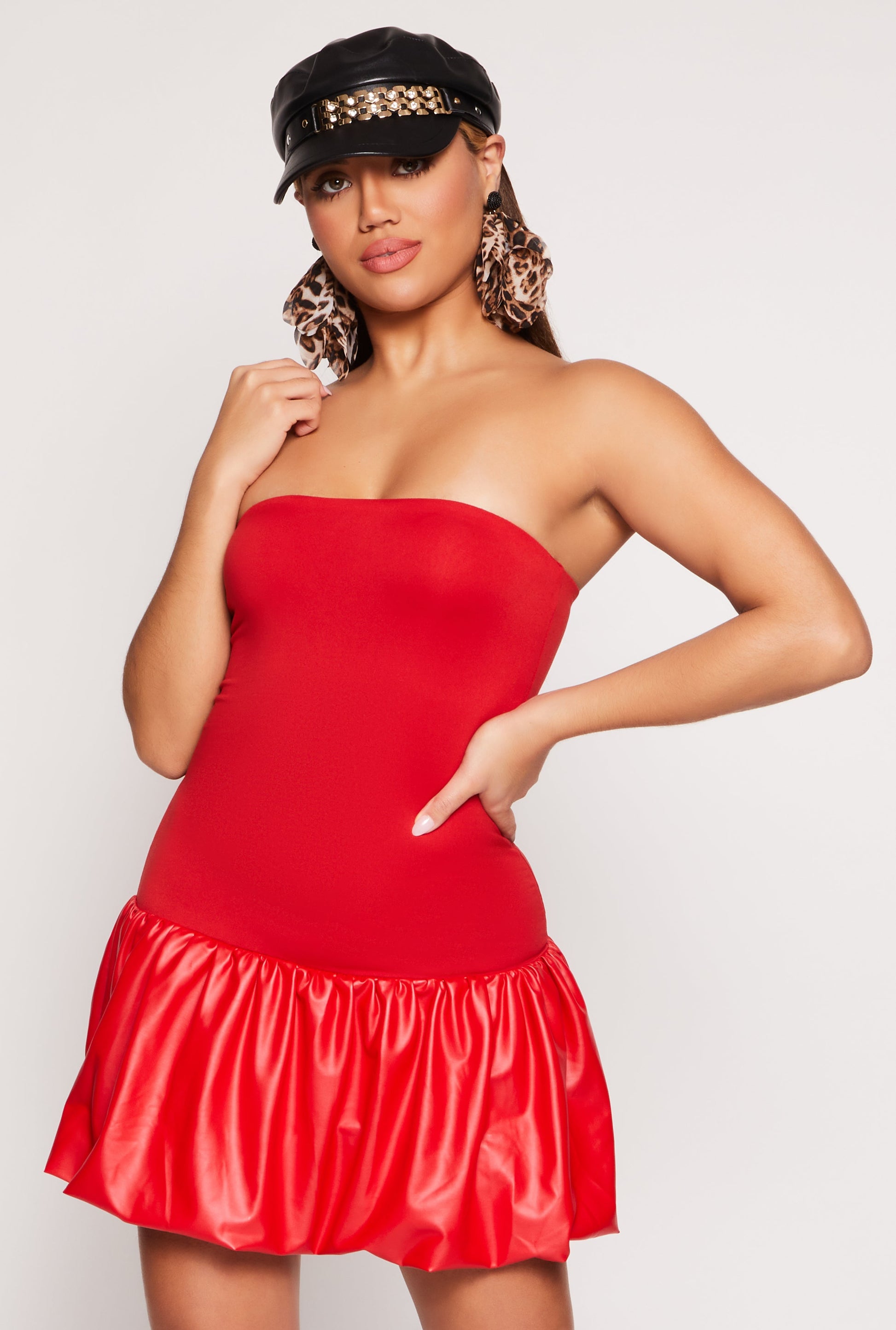 Faux Leather Bubble Hem Tube Dress