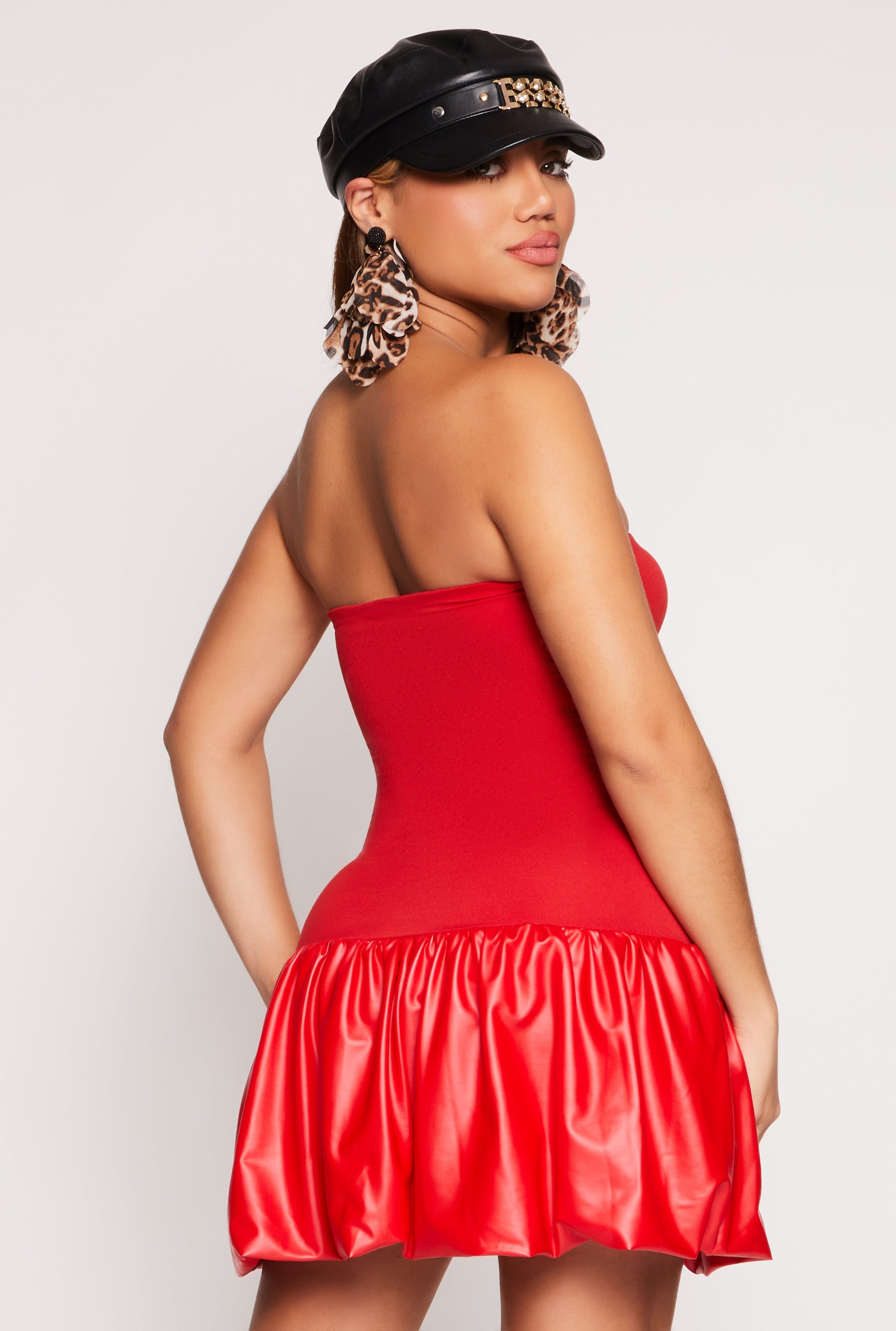 Faux Leather Bubble Hem Tube Dress