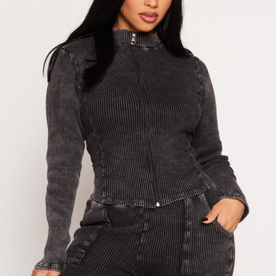 Acid Wash Rib Knit Zip Front Top