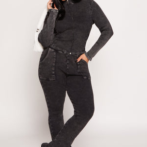 Acid Wash Rib Knit Zip Front Top